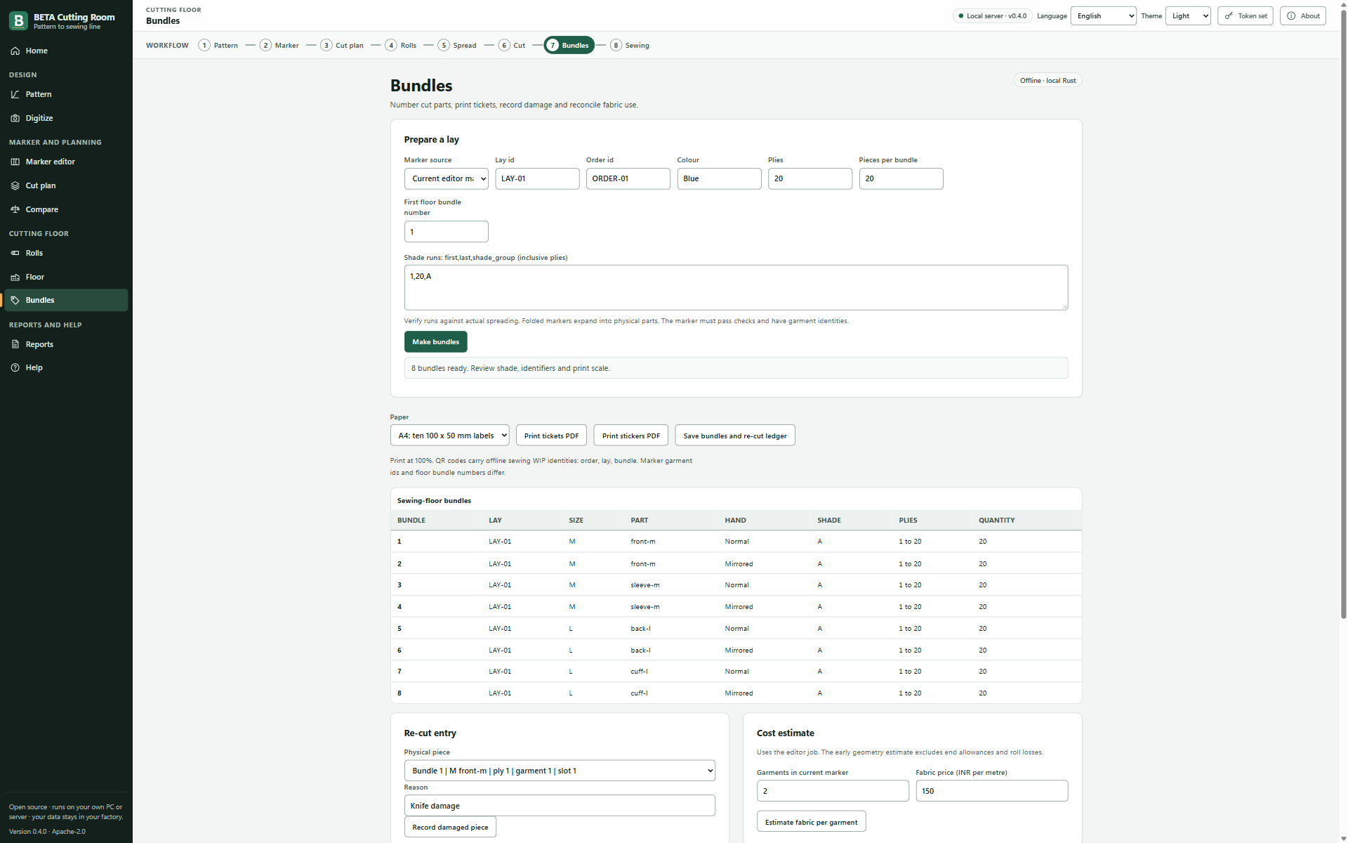 Screenshot of the Bundles screen in BETA Cutting Room