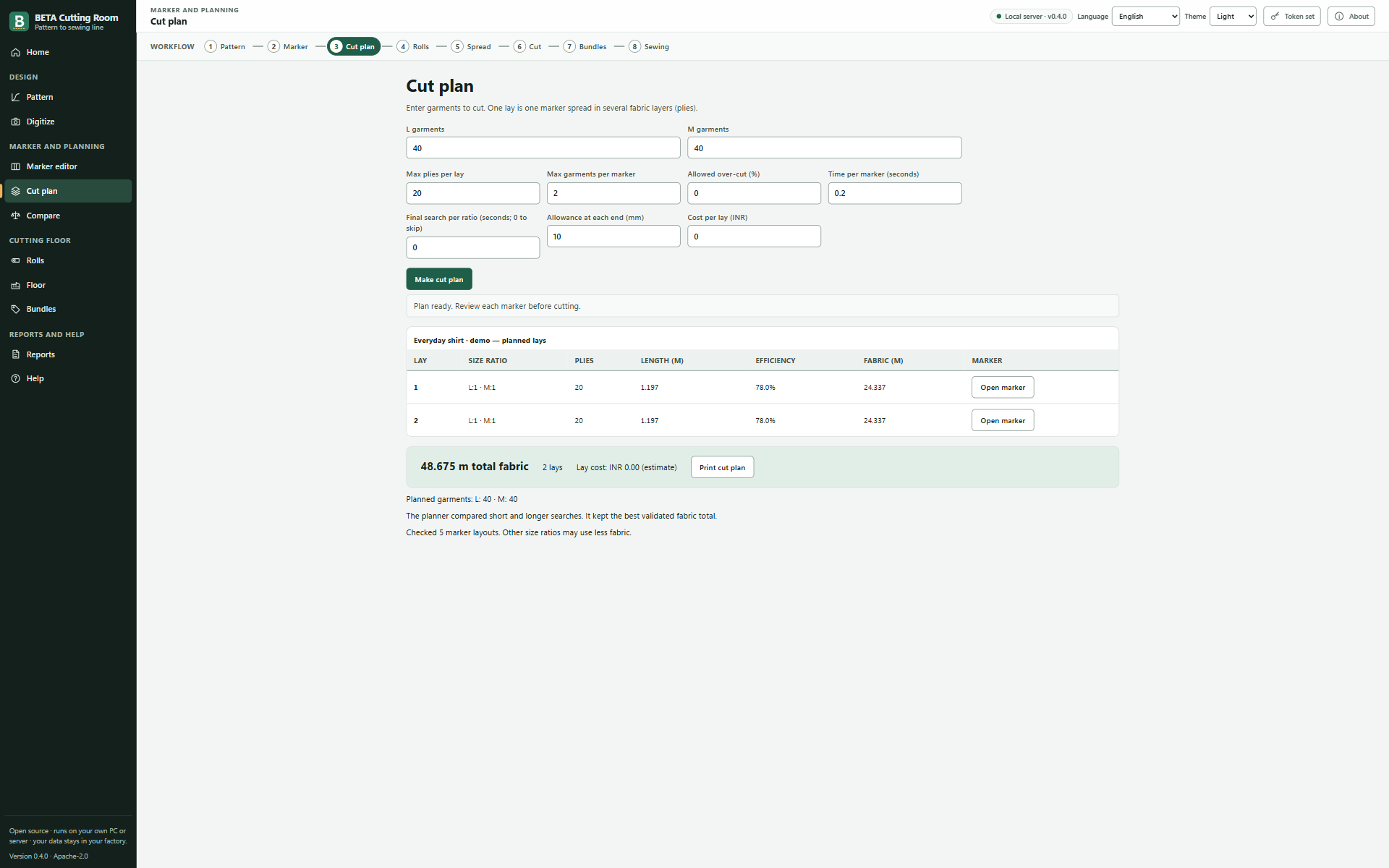 Screenshot of the Cut plan screen in BETA Cutting Room