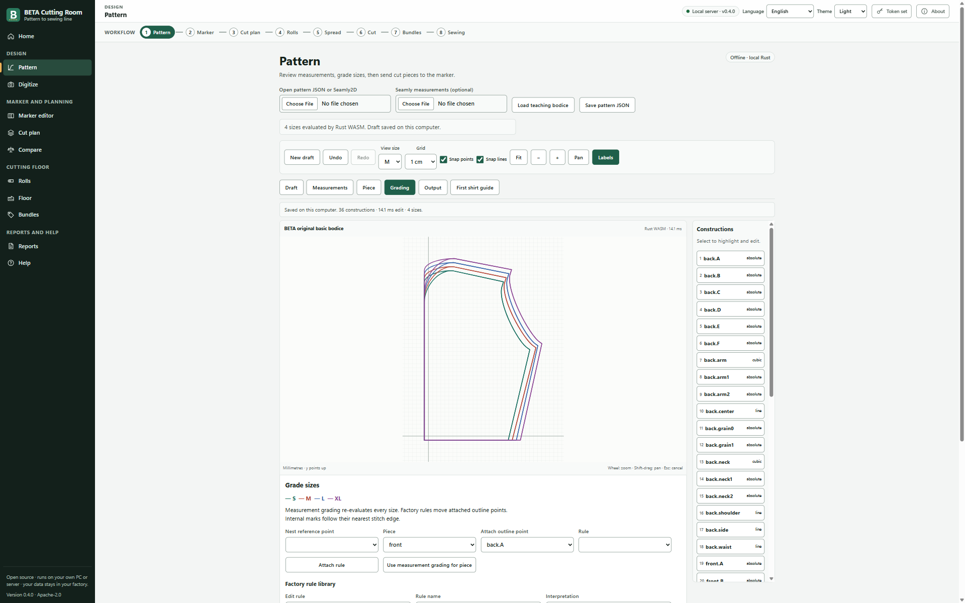 Screenshot of the Pattern screen in BETA Cutting Room