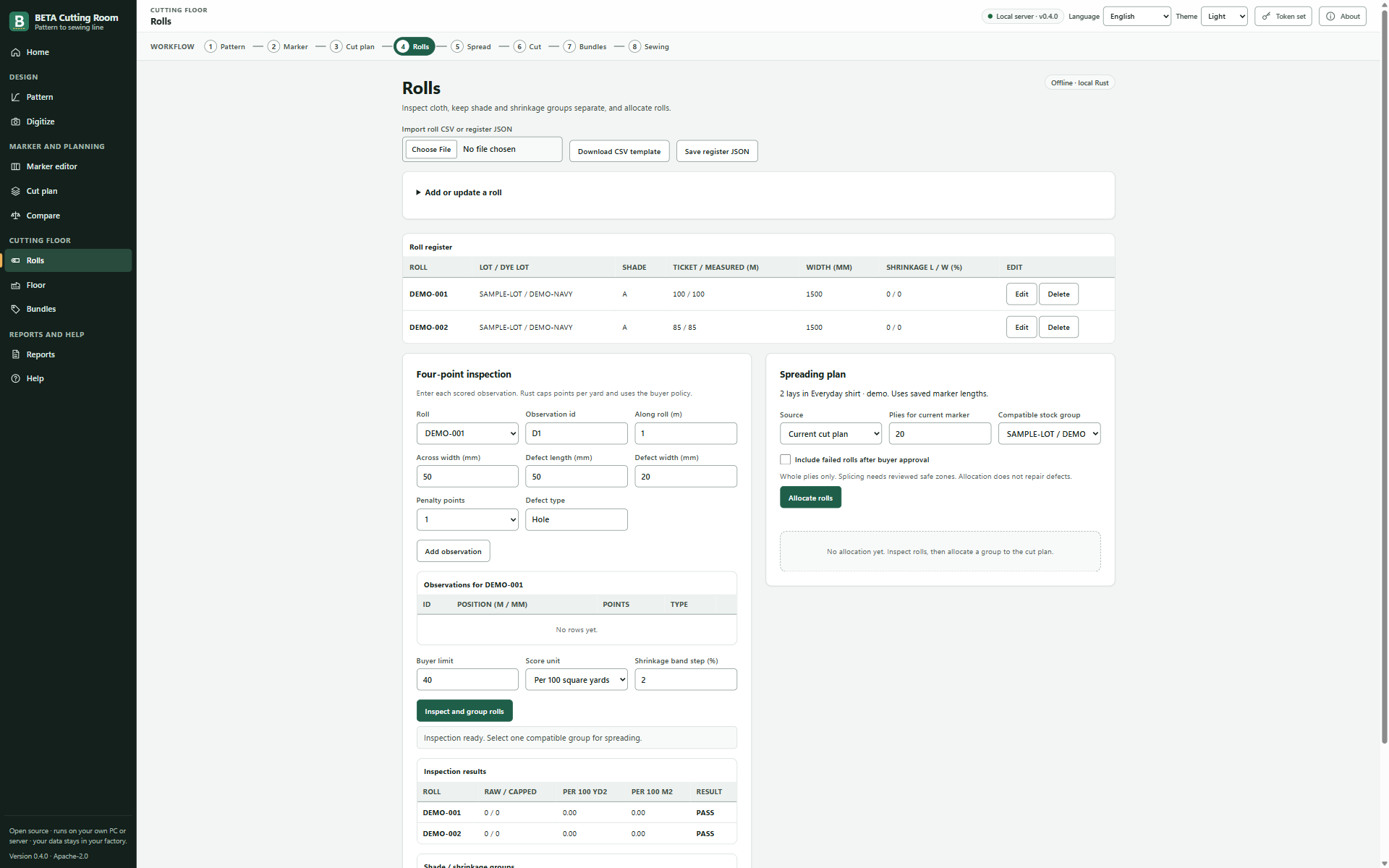 Screenshot of the Rolls screen in BETA Cutting Room