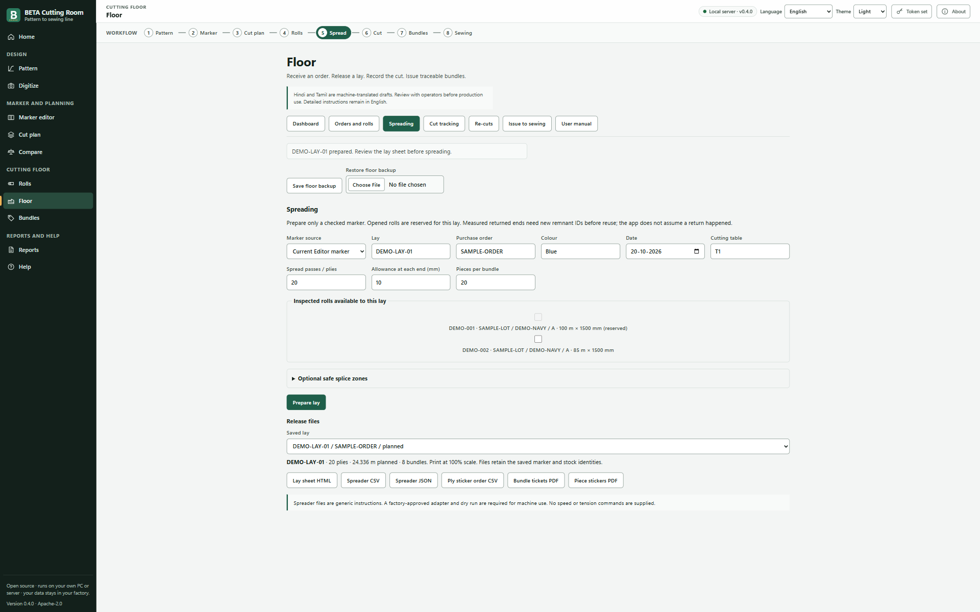 Screenshot of the Spreading screen in BETA Cutting Room